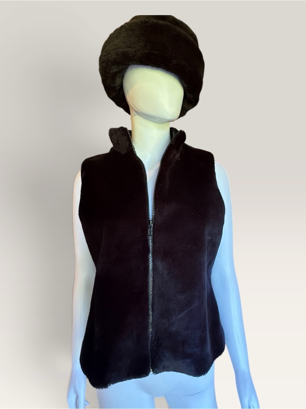 Black Faux Fur Zip-Front Vest - Women's Jacket